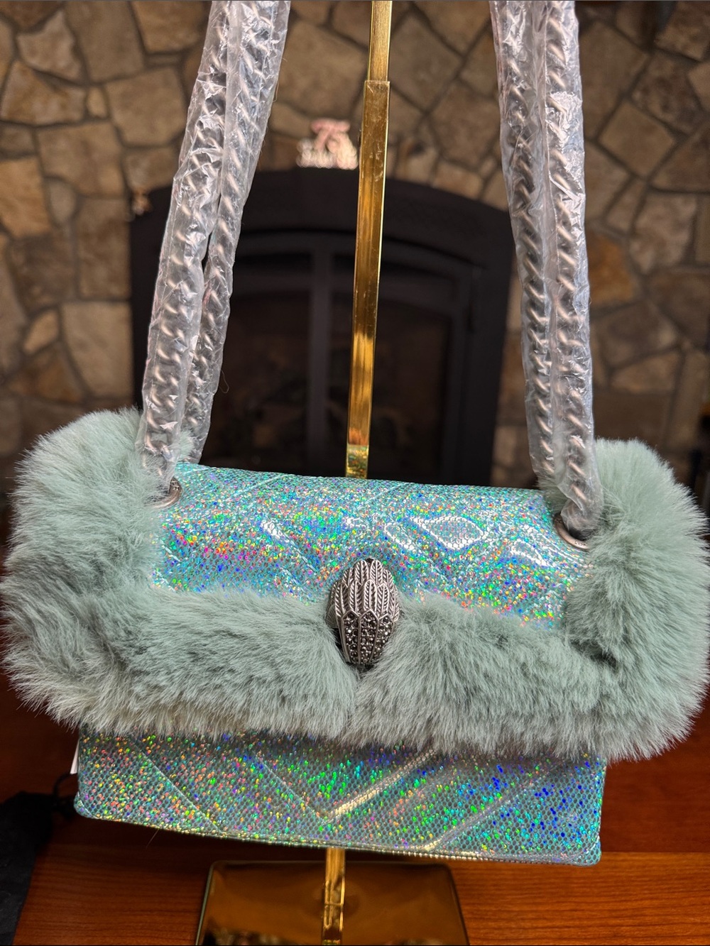 NWT Kurt Geiger Mini Kensington Iridescent Faux Fur Crossbody Bag